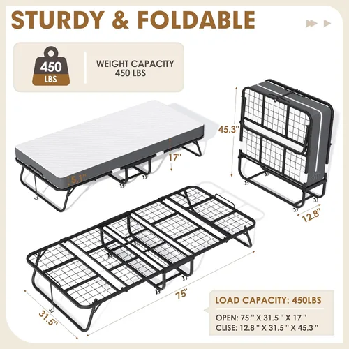 Miniatura 3 de Bonusall Cama plegable con colchón, cama plegable con ruedas tamaño catre de 75" x 31", espuma viscoelástica de 5" de grosor, camas que ahorran