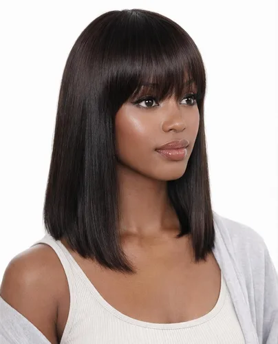Miniatura 26 de Peluca de cabello humano lacio rubio 613 de 15 pulgadas con flequillo, sin pegamento, sin encaje frontal, Yaki Bob para mujer