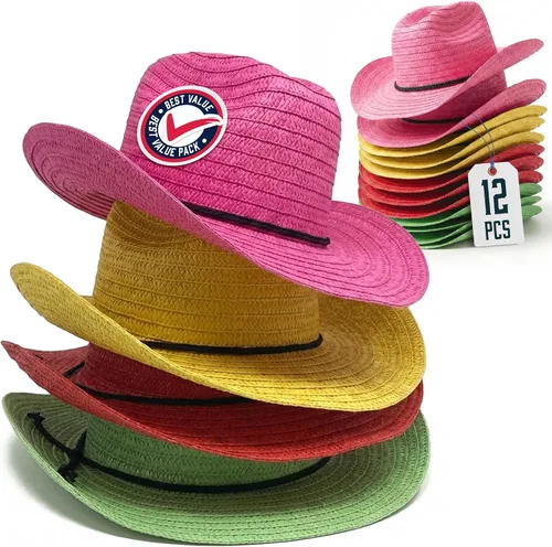 Miniatura 10 de Podzly Sombreros de vaquero de paja, paquete de 12 unidades, circunferencia de 24 pulgadas, estilo occidental para hombres y mujeres, sombreros