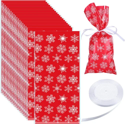 Boao 100 piezas de bolsas de celofán para golosinas de Navidad con copos de nieve, bolsas de dulces para regalos con cinta para la fiesta de Navidad
