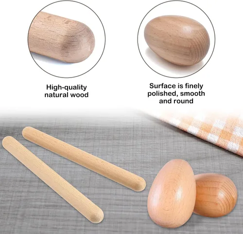 Miniatura 4 de Instrumentos de percusión de madera, 1 par de baquetas de ritmo de 8 pulgadas, 1 par de maracas de madera y 1 bolsa de almacenamiento para regalos