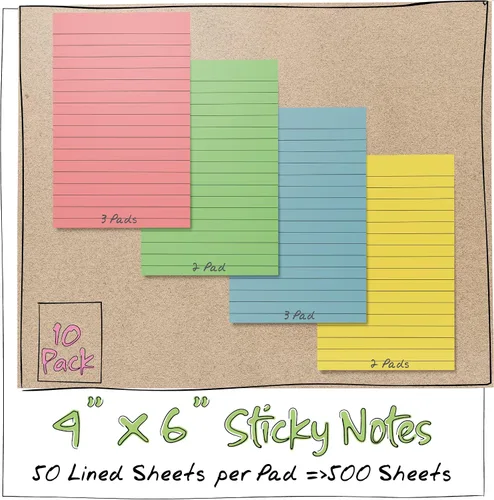 Miniatura 4 de Better Office Products Notas adhesivas forradas, 4 x 6, paquete de 10, 500 hojas (50/bloc), notas autoadhesivas con líneas, 4 colores pastel