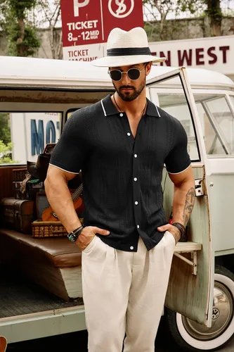 Miniatura 4 de GRACE KARIN Polo de punto transpirable para hombre, camisas con botones de bolos ahuecados