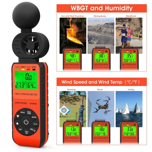 Miniatura 6 de Anemómetro medidor de estrés por calor, termómetro de globo de bombilla húmeda para exteriores WBGT para velocidad del viento/humedad/alarma WBGT