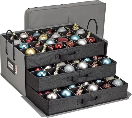Caja con divisores para guardar hasta 72 adornos navideños de 3 pulgadas de forma práctica, cubos grandes de tela de alta calidad con 3 bandejas Gris