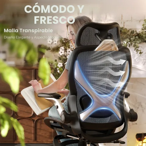 Miniatura 9 de ELABEST X100 Silla de oficina ergonómica de malla con reposapiés, silla de escritorio grande y alta con brazos abatibles 5D, soporte lumbar 3D