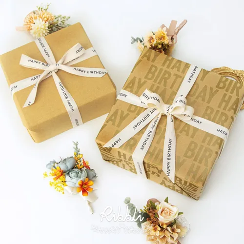 Miniatura 3 de Ribbli Cinta de algodón para cumpleaños, cinta de sarga natural de algodón con texto en inglés «Happy Birthday» color negro, cinta estilo granja