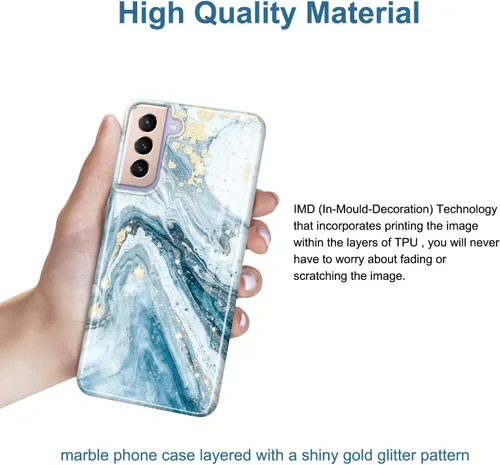 Miniatura 3 de Galaxy S21 - Funda para Samsung Galaxy S21 5G de 6.2 pulgadas 2021, diseño de mármol con purpurina dorada, delgada, a prueba de golpes, de goma Azul