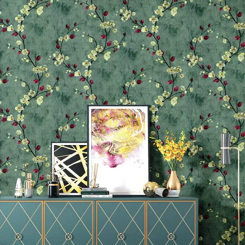 Miniatura 4 de Papel tapiz floral para despegar y pegar, 17.7 pulgadas x 9.8 pies, flor de ciruela verde, extraíble, autoadhesivo, papel de contacto decorativo