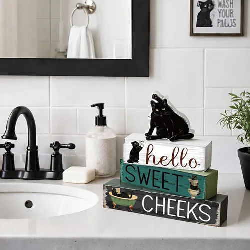 Miniatura 4 de Cinnvoice 4 piezas de decoración de baño de gato negro, decoración de baño de granja Hello Sweet Cheeks, centro de mesa, regalo para Navidad, San