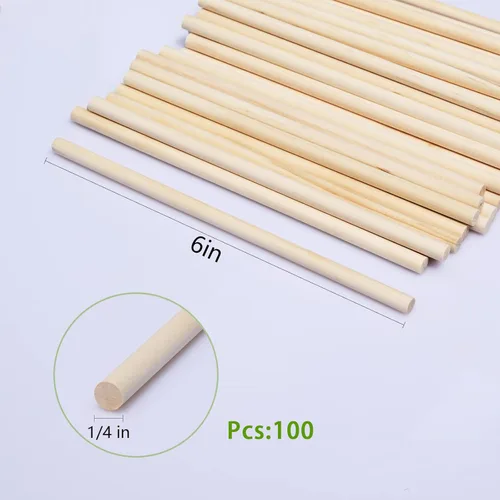 Miniatura 2 de Varillas de madera, 100 varillas redondas de madera de 1/4 x 6 pulgadas para manualidades, decoración del hogar, soporte de pasteles, accesorios