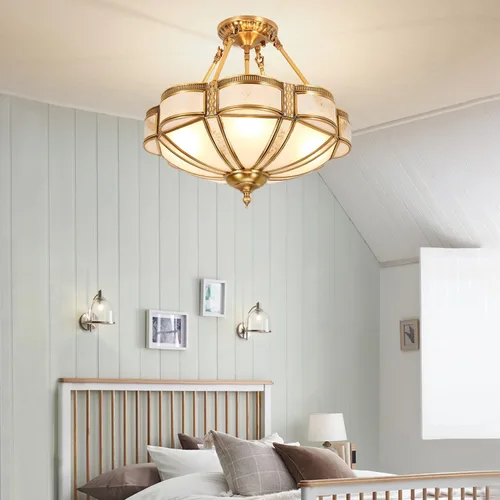 Miniatura 5 de Lámpara de techo de latón de 4 luces semiempotrada, candelabro dorado para comedor, lámpara de techo de vidrio esmerilado, luz empotrada moderna