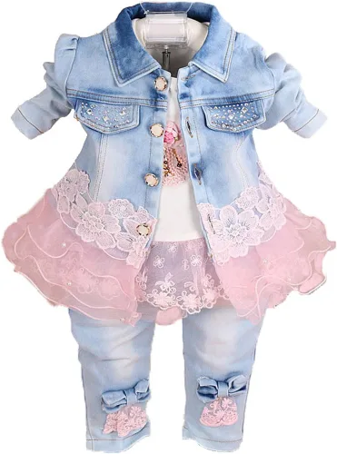 Yao Conjuntos de ropa de mezclilla para bebés y niñas, conjuntos de 3 piezas, camisa de mezclilla y jeans