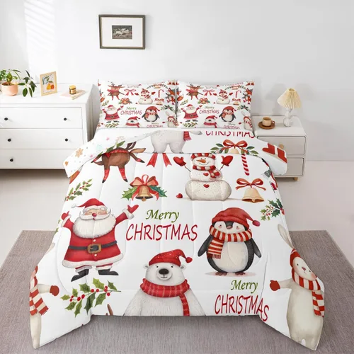 Miniatura 13 de Erosebridal Juego de edredón de Feliz Navidad, tamaño individual, divertido edredón de Papá Noel para niños y niñas, edredón de plumón de pingüino