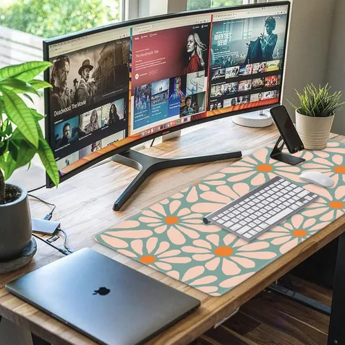 Miniatura 6 de iCasso Alfombrilla de escritorio, XXL Alfombrilla grande para mouse, con base antideslizante y bordes cosidos, para trabajo y juegos (floral verde)