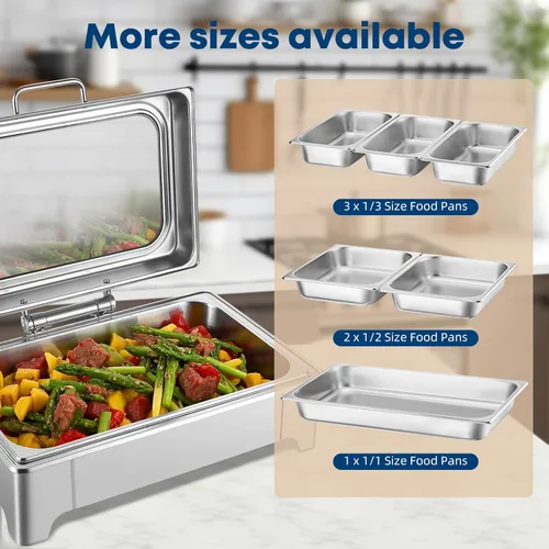 Miniatura 8 de Juego de servidor de platos de cocina eléctrico para bufé, bandejas de alimentos de acero inoxidable de tamaño completo y mediano y de tres
