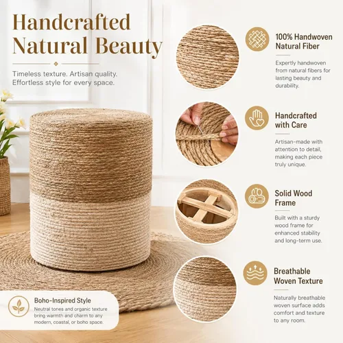 Miniatura 8 de Wimarsbon Pufs otomanos, puf de hierba marina 100% natural, taburete redondo tejido a mano con marco de madera, reposapiés trenzado sentado, asiento