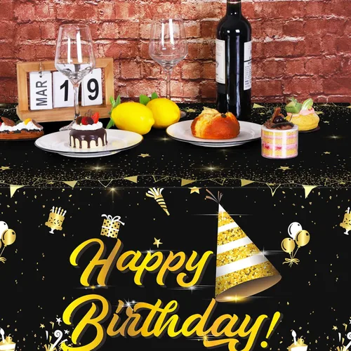 Miniatura 5 de durony Paquete de 2 manteles de cumpleaños, de plástico, color negro y dorado, impermeable, rectangular, para fiestas en interiores o exteriores
