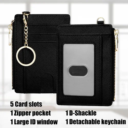 Miniatura 2 de Cartera delgada de bolsillo, bloqueo RFID, cartera con tarjetero con grillete en D y llavero desmontable para mujer, A-Negro, Moda