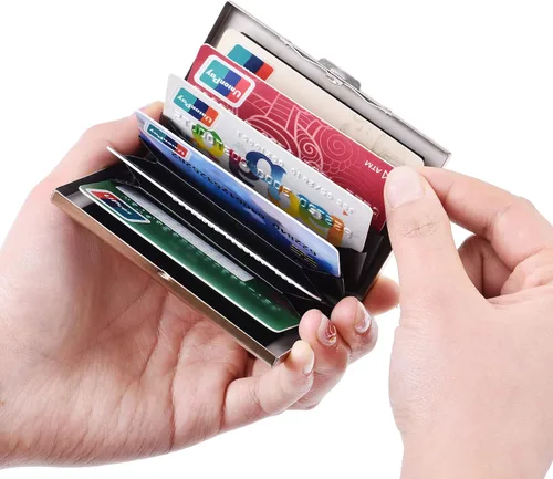 Miniatura 76 de BONSYL® Soporte para tarjetas de crédito, cartera delgada de metal con bloqueo RFID, con 6 ranuras para tarjetas, para mujeres y hombres.