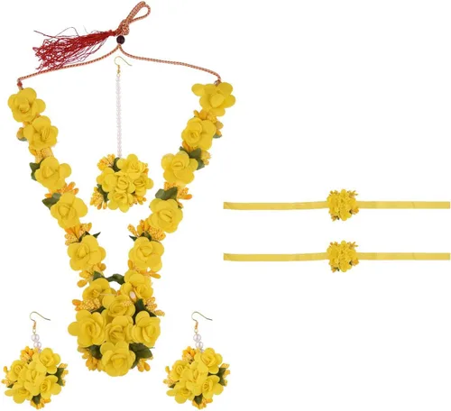 Efulgenz Haldi Mehandi Flower Jewelry Set Indian Wedding Handmade Faux Roses Long Necklace Earrings Maang Tikka Bracelet Set Bridal Jewelry for