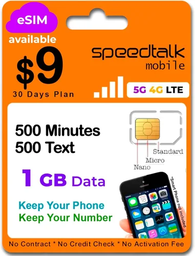 SpeedTalk Mobile Kit de tarjeta SIM universal para teléfonos inteligentes iOS Android 5G 4G LTE | Habla, texto y datos | Tarjeta SIM triple corte 3