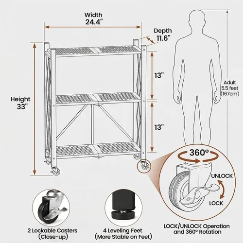 Miniatura 2 de ALANNG Estantes de almacenamiento con ruedas, estantería con almacenamiento, carrito de rack de metal sin ensamblaje para cocina, oficina, Negro