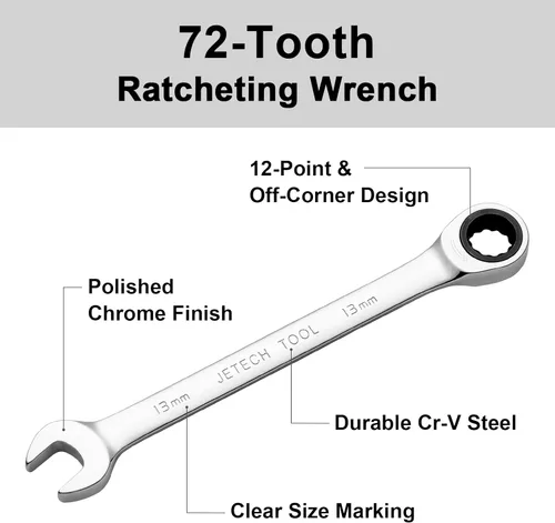 Miniatura 3 de Jetech 13mm Llave Combinada de Trinquete Métrica, Llave de Engranajes de Grado Industrial con Diseño de 12 Puntos y Trinquete de 72 Dientes, Acero