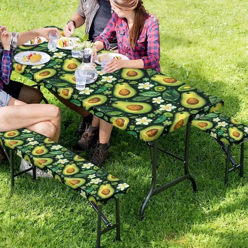 Miniatura 3 de Funda de mesa de picnic con fundas de banco, resistente al viento, resistente a las manchas, mantel de camping y accesorios de viaje, juego de 3