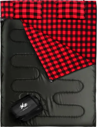 Saco de dormir doble de franela para adultos y niños, tamaño Queen para 2 personas con 2 almohadas, saco de dormir para clima cálido y frío, para