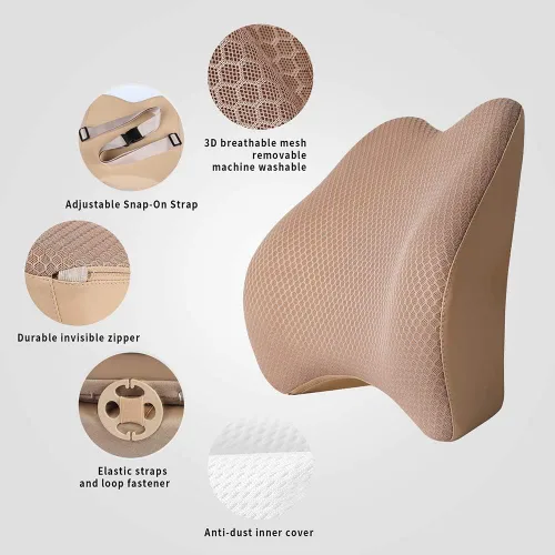Miniatura 2 de Almohada de apoyo lumbar de espuma viscoelástica para coche - Soporte para la espalda para asiento de coche (Beige)