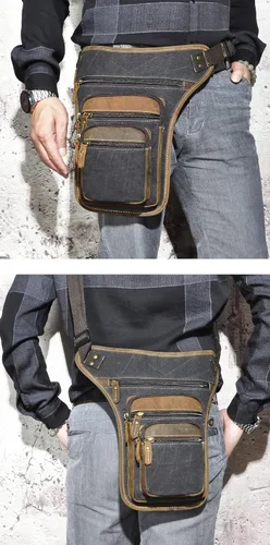 Miniatura 4 de Handadsume Riñonera de lona resistente al agua + cuero para motocicleta, riñonera, bolsa de pierna para muslo, para hombres y mujeres, FB913-5