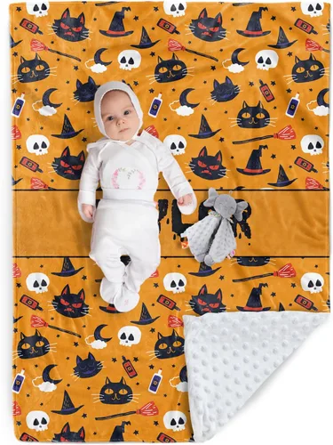 Miniatura 15 de Manta de Halloween personalizada, nombre personalizado con diseños de dibujos animados de Halloween, manta de franela de felpa suave con respaldo