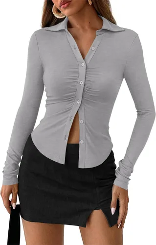 Miniatura 13 de PRETTYGARDEN - Camisas con botones para mujer, cuello en V, cuello abotonado, ajustadas, manga larga, camisa casual, moda de otoño, tops para damas