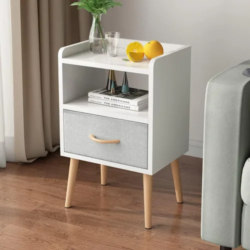 LUCKNOCK Mesita de noche blanca con cajón, mesita de noche moderna de mediados de siglo, mesita de noche de madera resistente con estante de
