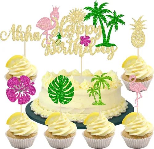 Miniatura 8 de 36 piezas de adornos para cupcakes de piña verde con purpurina verde para Luau despedida de soltera, fiesta de verano tropical, decoración