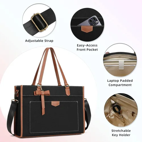 Miniatura 6 de Keyli 3 piezas Bolsa para Laptop para Mujeres, 15.6 Pulgadas Bolsa de Lona Tote Bolsas de Trabajo Grandes Maletín de Computadora de Negocios Bolso