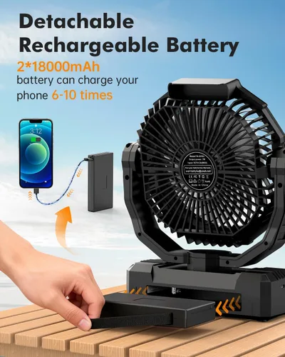 Miniatura 2 de Ventilador de campamento 3 en 1 – Ventilador portátil desmontable de 36000 mAh recargable con luz y gancho, ventiladores a batería para exteriores