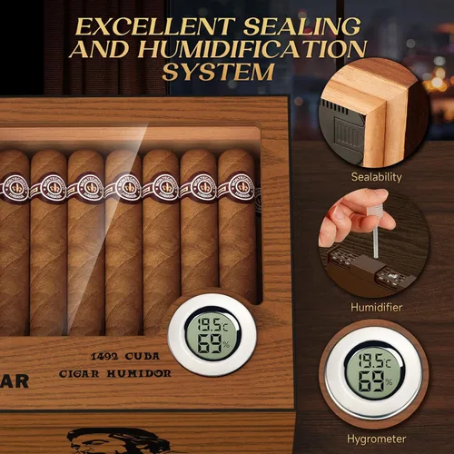 Miniatura 4 de KEJIAR Humidor de puros, estuche de escritorio de cedro con tapa de vidrio con 2 cajas de accesorios de humidor lateral con cortador de puros
