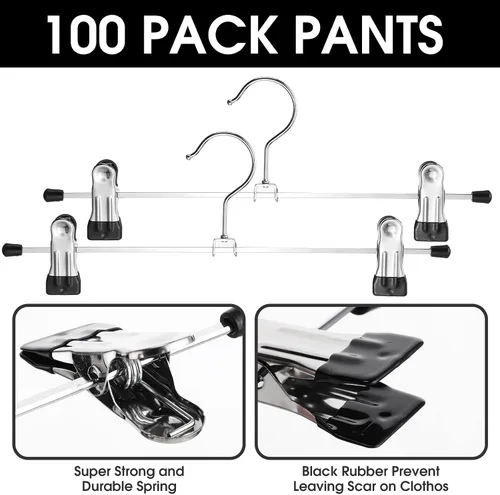 Miniatura 4 de Weysat Paquete de 100 perchas para pantalones con clips ajustables de metal para pantalones y faldas a granel para ahorrar espacio, resistentes