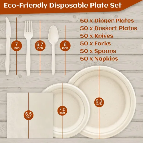 Miniatura 2 de Juego de platos de papel compostable para 50 invitados, juego de platos y utensilios desechables resistentes con platos de 9 y 7 pulgadas
