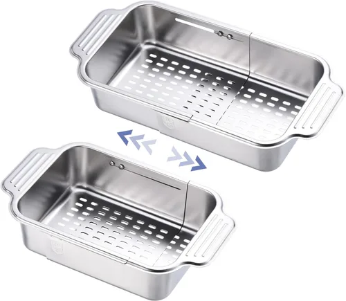uxcell Colador extensible sobre el fregadero, cesta de lavado de frutas y verduras colador ajustable para cocina de acero inoxidable plateado