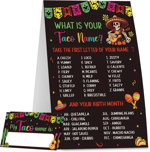COCHIE Juego de tacos para fiesta, familia, adultos, oficina, grupos grandes, con nombre de taco, decoración de fiesta mexicana con 36 calcomanías