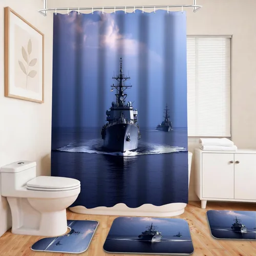 Cool Modern - Juego de portaaviones para niños con cortina de ducha náutica militar y alfombras de 20 x 31 pulgadas, accesorios de baño, decoración