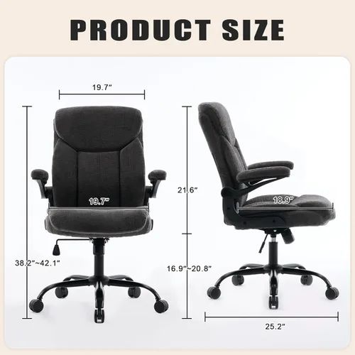 Miniatura 2 de Silla de Oficina Ejecutiva, Silla de Computadora Cómoda de Tela Ergonómica con Reposabrazos Abatibles, Soporte Lumbar, Función de Giro 360° y Gris