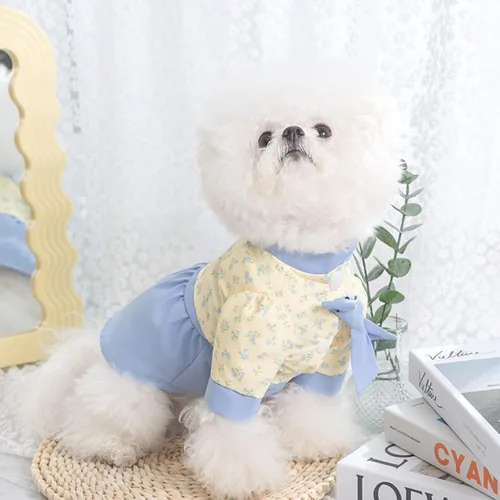 Miniatura 4 de Vestidos de princesa para perro, falda de cachorro con encaje y lazo bordado para niña, ropa de gato, boda, fiesta de cumpleaños Azul