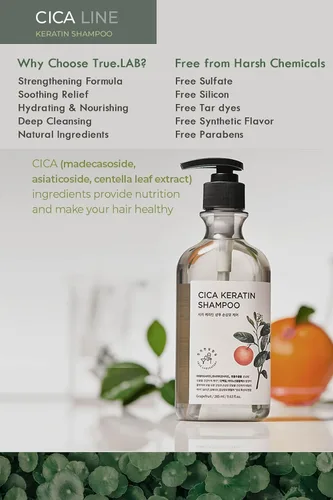 Miniatura 4 de TheMogan True.LAB Champú de queratina Cica 9.6 fl oz - Fórmula calmante y fortalecedora con centella asiática, queratina y aceites naturales para un