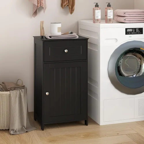 Miniatura 4 de GLACER Armario de suelo de baño, gabinete de almacenamiento lateral de una sola puerta con cajón, organizador de almacenamiento de madera para baño