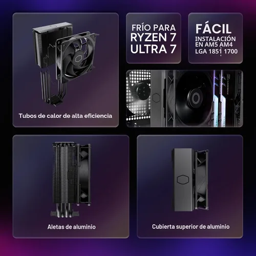Miniatura 2 de Cooler Master Hyper 212 Enfriador de aire para CPU negro, ventilador PWM SickleFlow 120 Edge, cubierta superior de aluminio, 4 tubos disipadores