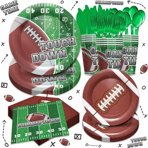 Piooluialy Vajilla para fiestas de fútbol – Juego de decoraciones de fiesta de fútbol, incluye platos llanos, vasos, servilletas, cubiertos, para